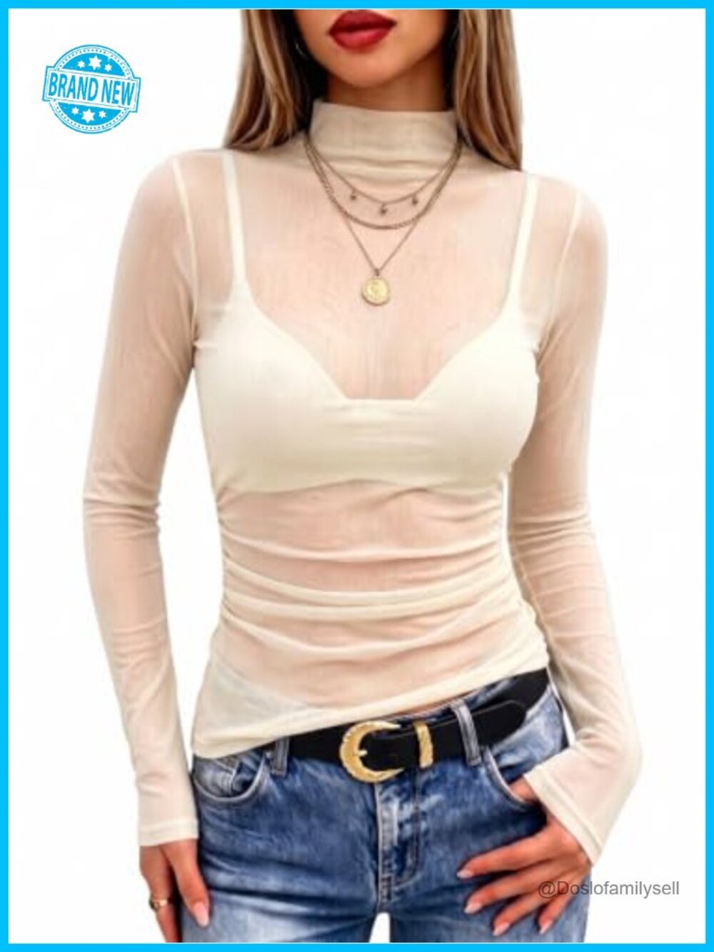 Women's Ruched Mesh Sheer Long Sleeve Mock Neck Top